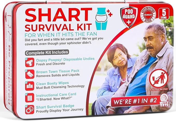 Funny Shart Survival Kit by Witty Yeti. Ultimate Poop Prank Gag Gift Set Contains Wet Wipes, Disposable Underwear, Tissues...