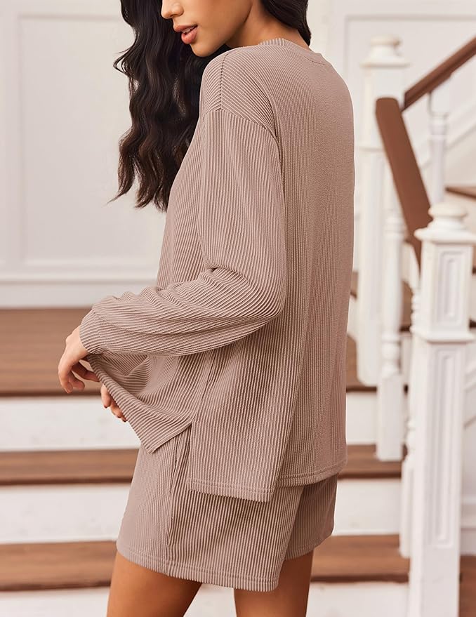 Ekouaer 2 Pieces Lounge Set for Women Long Sleeve Pajamas Top and Shorts Matching Sets Outfits with Pockets