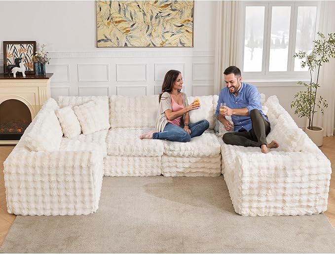 TYBOATLE 135’’ Boneless Slow-Rebound Memory Foam Couch, Cloud Sectional Couches for Living Room w/Upgraded Fabric, Deep Seat Comfy Fluffy U Shaped Modular Sectional Sofa w/Chaise, Beige