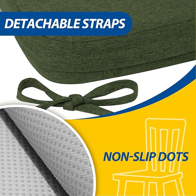 AAAAAcessories D-Shaped Chair Cushions, 2" Thick Dining Chair Pads with Ties and Removable, Machine-Washable Cover, 17" x 16", Set of 8, Dark Olive Green