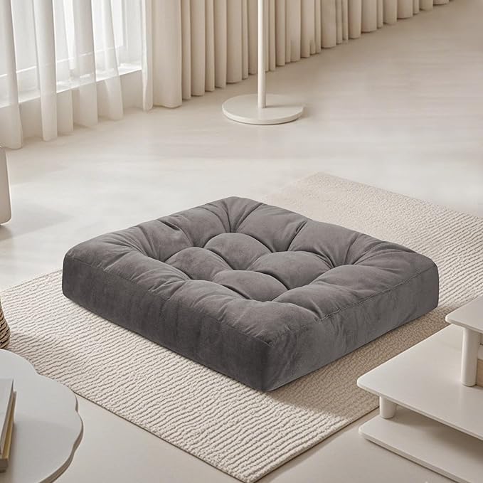 FlyGulls Meditation Floor Pillow 22×22 Inch 1 Pack Large Floor Cushions for Adults Square Tufted Corduroy Floor Pillows for Yoga Living Tatami Room Grey