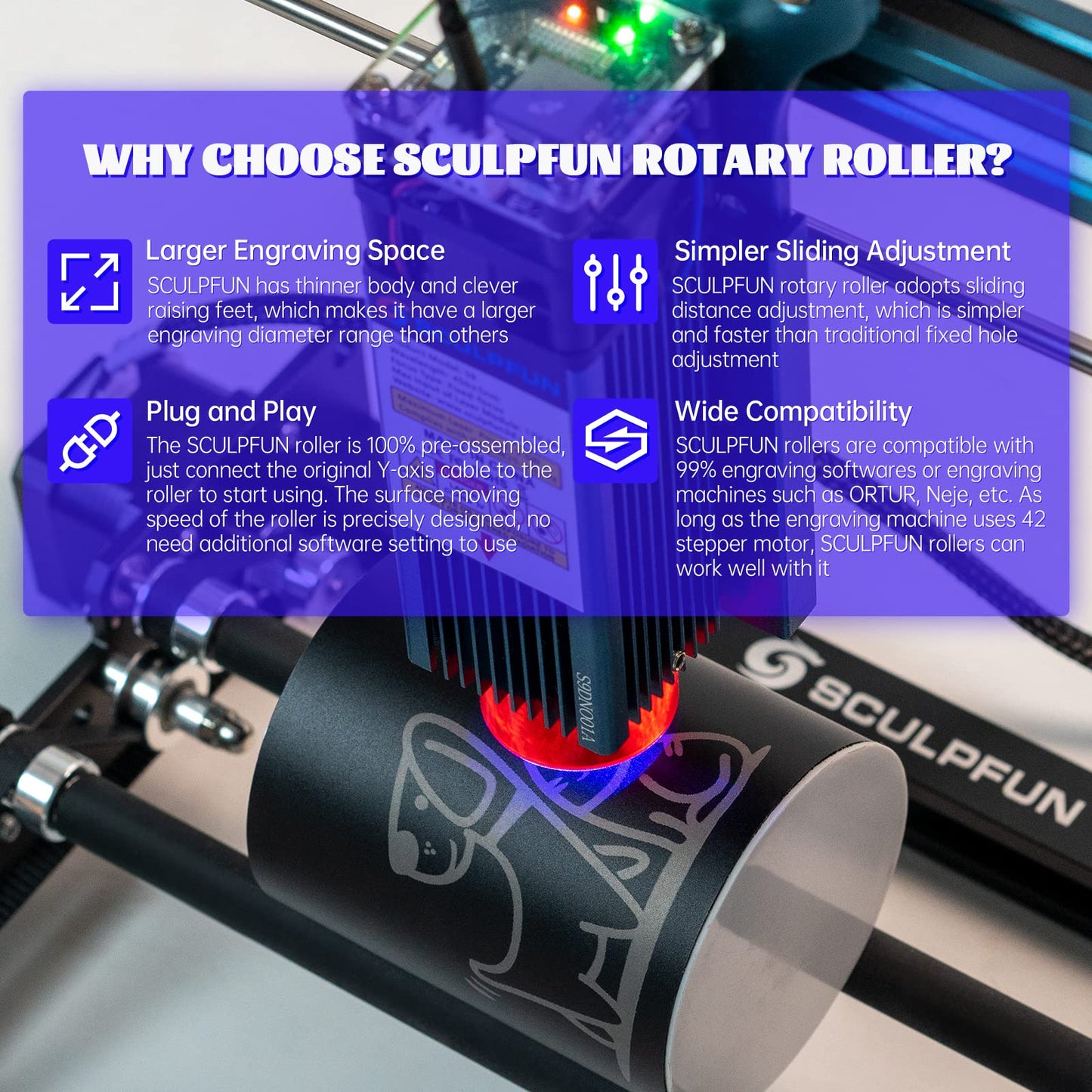 SCULPFUN Laser Rotary Roller, Laser Engraver Y-axis Rotary Module for Engraving Machine, 360° Engraving Cylindrical Objects Cans, Compatible with Most Laser Engraving Machines