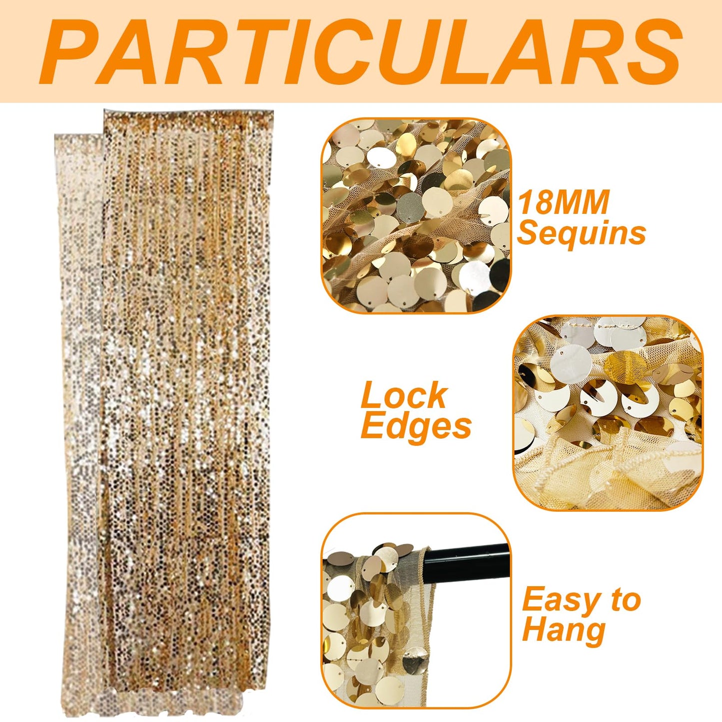 SFN SKY Gold Big Payatte Sequin 18MM Sequin Backdrop Drapes Curtains Panels,Fashion 9FTx9FT Backdrop for Thanksgiving Christmas Home Party Decoration Supplies