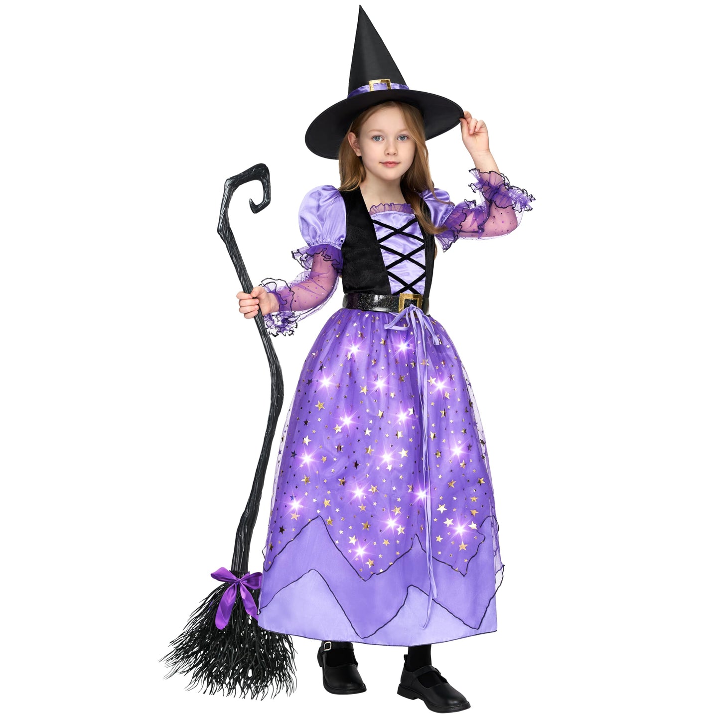 Spooktacular Creations Girls Witch Costume, Light up Witch Costume Kids, Starry Dress with Broom Belt Hat for Child Halloween Role Play Parties, S