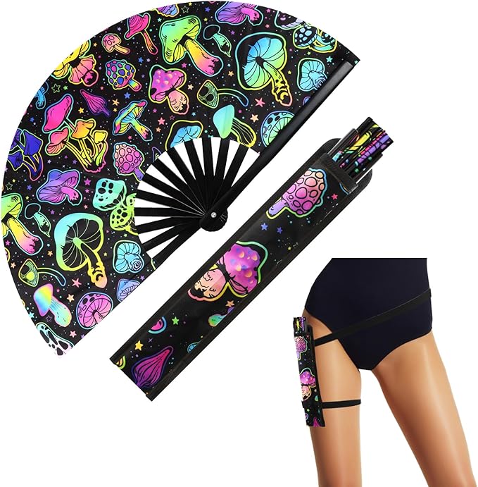 FairySandy Large Rave Fan UV Glow Hand Fan with Holster for Men Women Disco Party Supplies for Carnival St. Patrick's Day ...