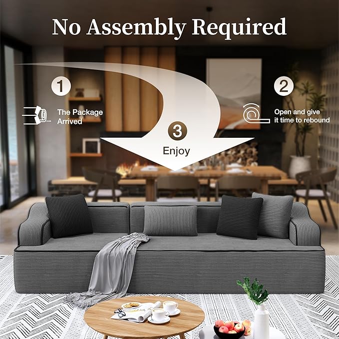 SUNSHINE VALLEY 3 Seat Boneless Sectional Couch in Box, 104'' Corduroy Modular Cloud Sofa for Living Room Bedroom, Modern Upholstered Couch with Deep Seat, No Assembly Required, Grey