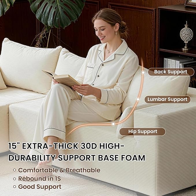 106" Cloud Sectional Boneless Couches for Living Room, Modular U Shaped Couch with Deep Seat, Removable Ottoman, Memory Foam Compressed Spineless 4 Seater Sofa for Bedroom Apartment, Beige