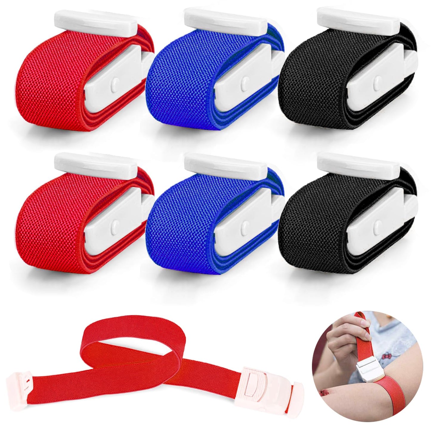 6Pcs Tourniquets, Emergency Tourniquet Buckle Band, Elastic First Aid Tourniquets, Single-Handed Application for Home Outdoor Sport Camping Hiking Emergency (6Pcs-Colorful)