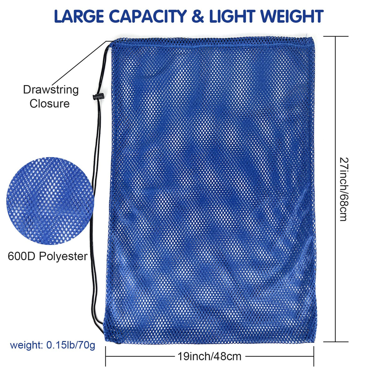 3 Pack Mesh Gear Bag Oversized 19" x 27" For Snorkel Scuba Swim Dive Gear Oversized Drawstring Net Bag for Sports Equipment, Gym, Beach, Pools Toys, Balls, Laundry, Scalloping Collect, Black & Blue