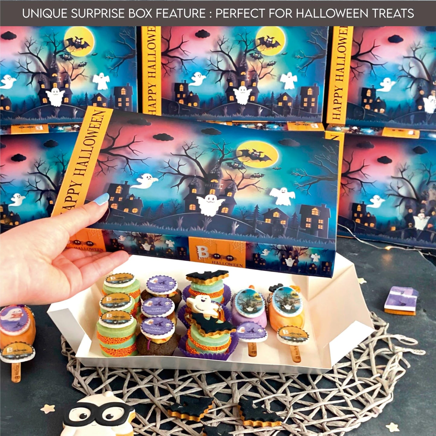 VASSAPACK 8 Pcs Halloween Treat Boxes 9.84x5.90x2.95 inches, Trick or Treat Favor Boxes, Halloween Party Supplies, Candy Containers, Halloween Surprise Gift Boxes