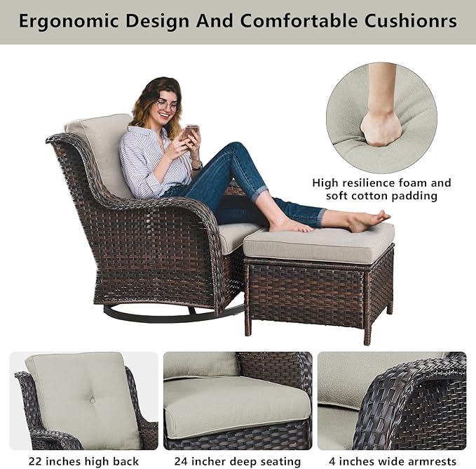 Belord 5 Piece Outdoor Patio Furniture Set - Wicker Furniture Patio Conversation Set, Outdoor Swivel Rocker Chairs with Loveseat Sofa and 2 Ottomans for Small Space, Beige Cushion