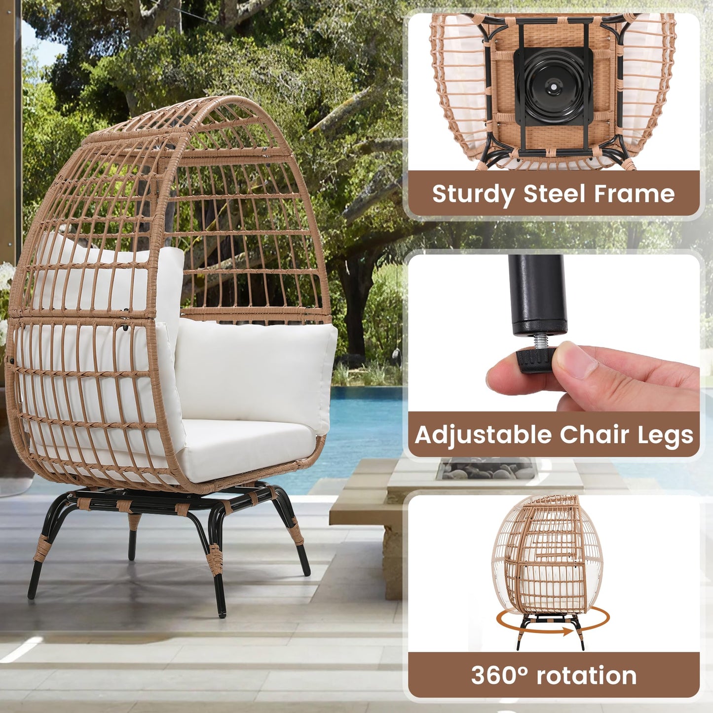 Murago Oversized 360 Swivel Rattan Egg Chair for Adult, Indoor Outdoor Patio Large Wicker Egg Chair with Overstuffed Cushions, 440lb Weight Capacity, Natural Rattan with Beige Cushion