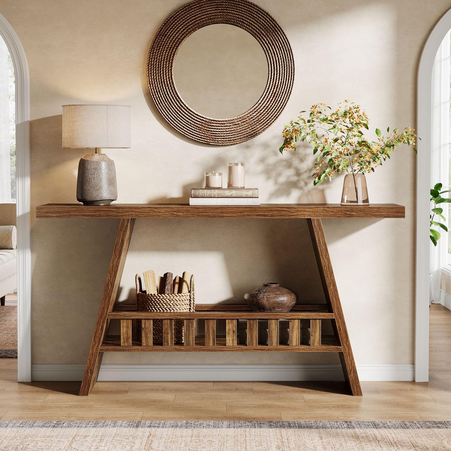 Tribesigns 63-Inch Long Entryway Console Table, Farmhouse 2-Tier Narrow Sofa Table Behind The Couch for Living Room, Hallway, Rustic Brown