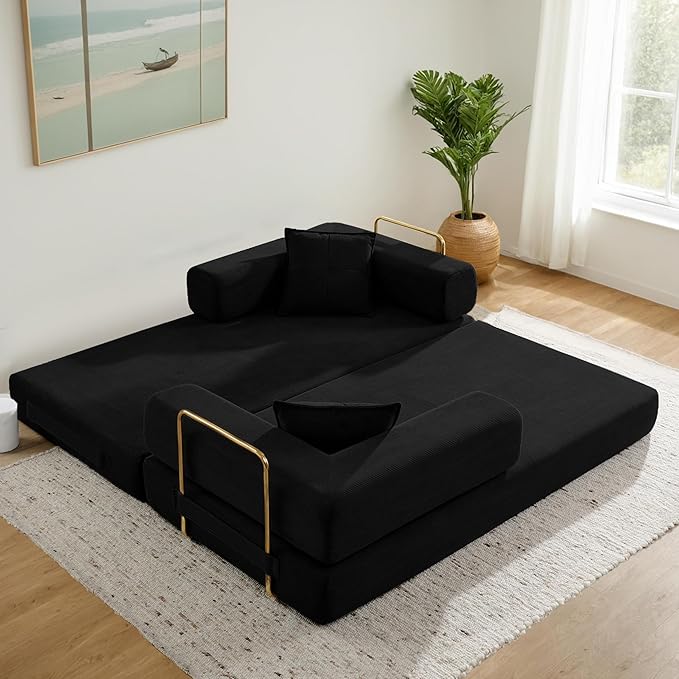 Convertible Couch Sofa Bed Foldable Floor Sleeper | Modern Fold Out Deep Seat Couch | Removable Backrest & Armrests | No Assembly Compression Sofa Sleeper for Living Room, Bedroom | Black Corduroy
