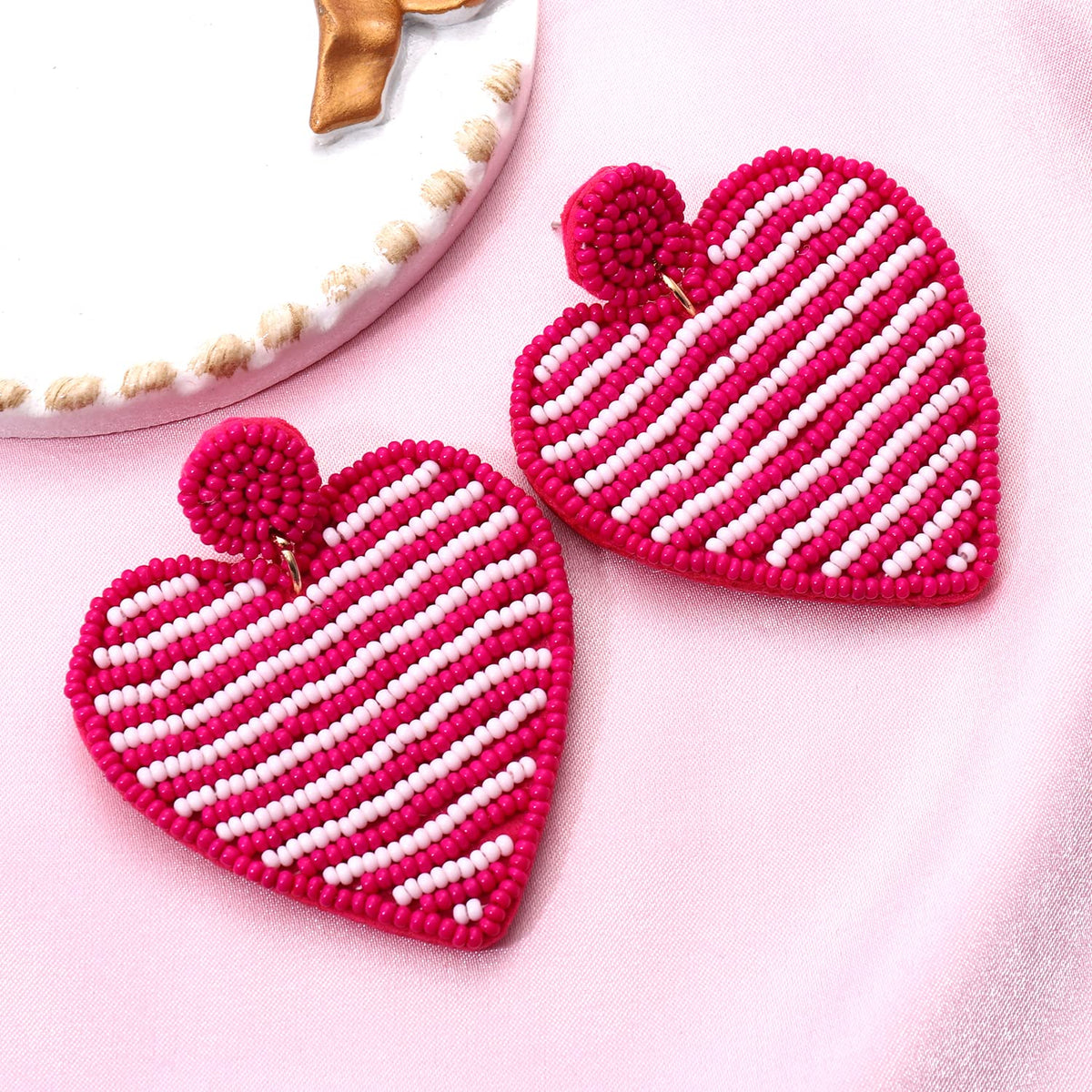 Valentines Day Earrings Beaded Heart Drop Earrings Edged in gold beading Fashion Trendy Big Love Dangle Earrings for Women State