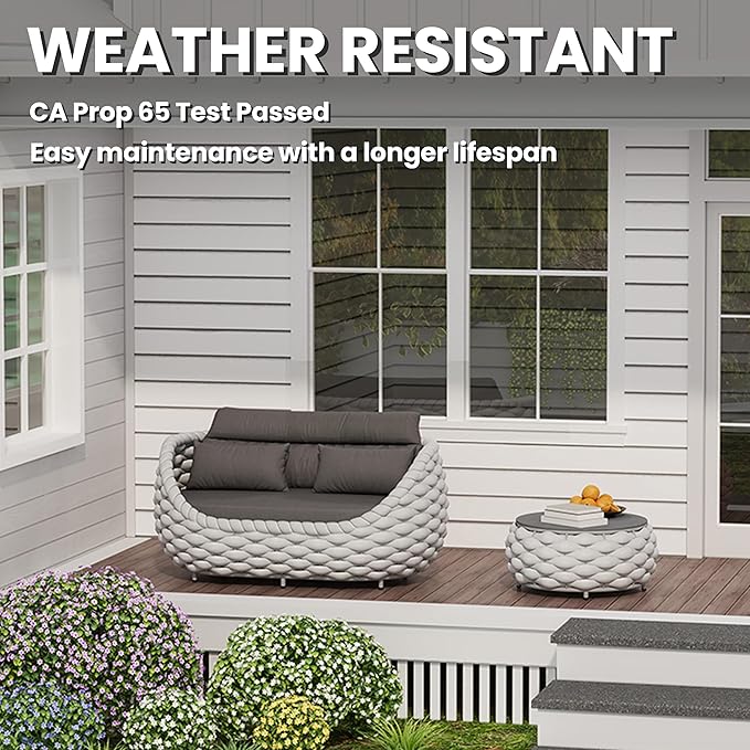 Erotr Patio Loveseat with Table: Aluminum Hand Woven Rope 2 Pieces Patio Furniture Set - Cushioned Outdoor Seating Set - Modern Couch Assembled - Metal Lounge Set for Porch Balcony Deck Garden Hotel
