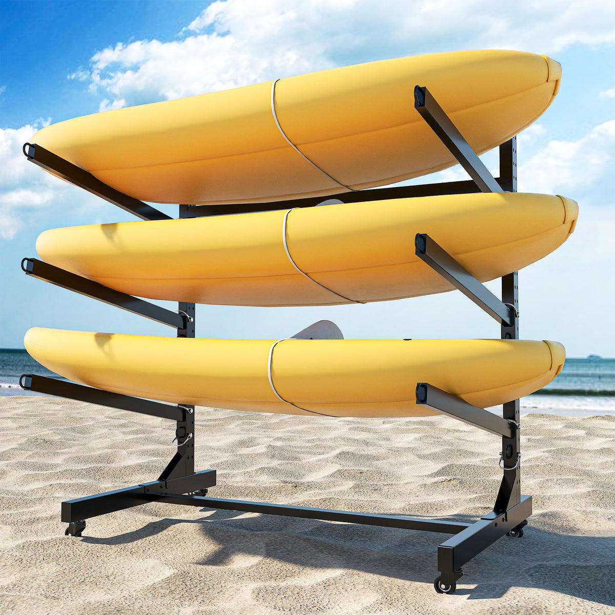 Yukimo Kayak Rack, Heavy Duty Freestanding Kayak Storage Rack with Movable Wheels, Adjustable Rust-Proof Outdoor Kayak Rack for Holds Kayaks, Canoes, SUPs & Paddleboards. (3-Level)