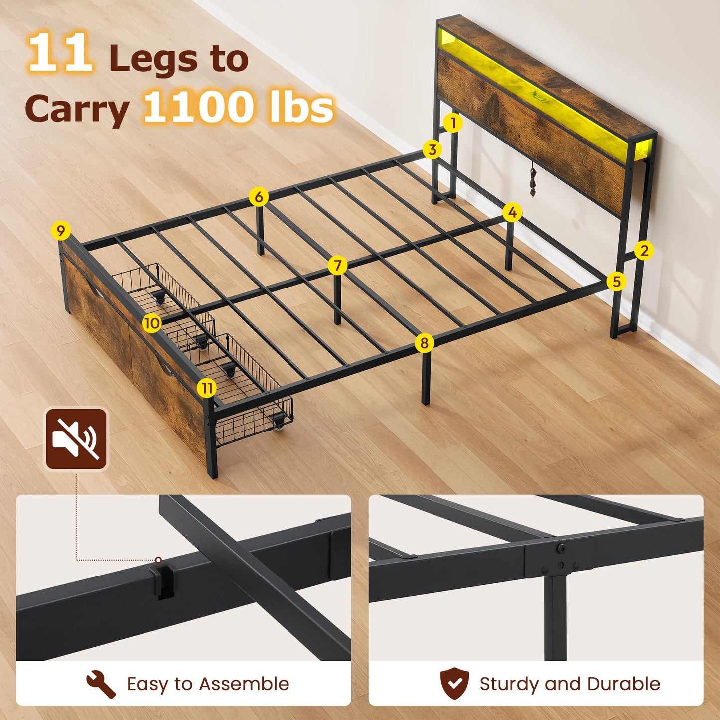 FAVOOSTY Queen Bed Frame with 2-Tier Headboard, Metal Platform Bed Frame with 2 Storage Drawers, LED Lights and Charging Station, Noise Free, No Box Spring Needed, Easy Assembly, Black Brown