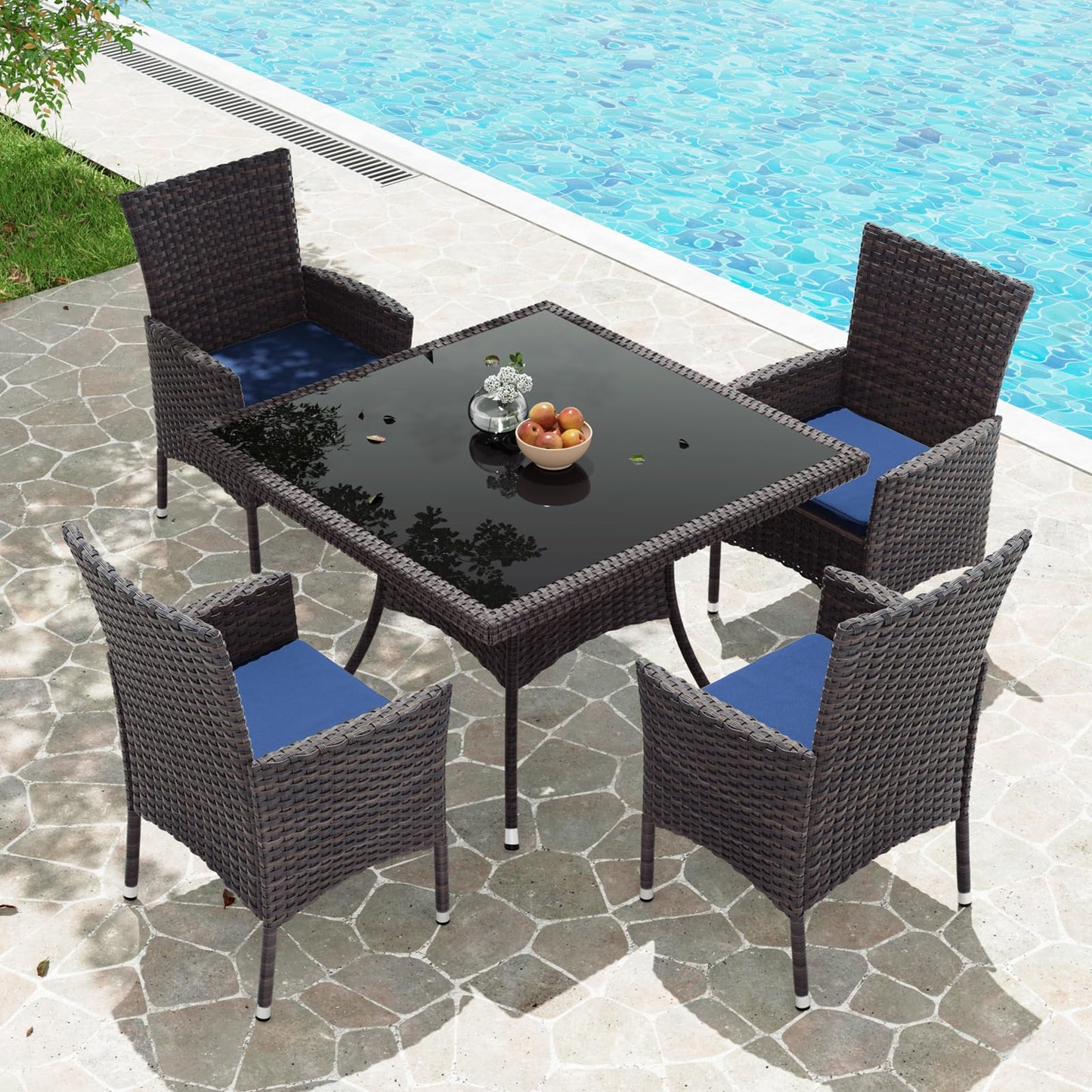 Gotland 5-Piece Indoor/Outdoor Dining Table Set, Garden Patio Rattan Set with w/Tempered Glass Tabletop with Removable Cushions and Umbrella Cutout for Patio, Backyard,4 Chairs - Navy