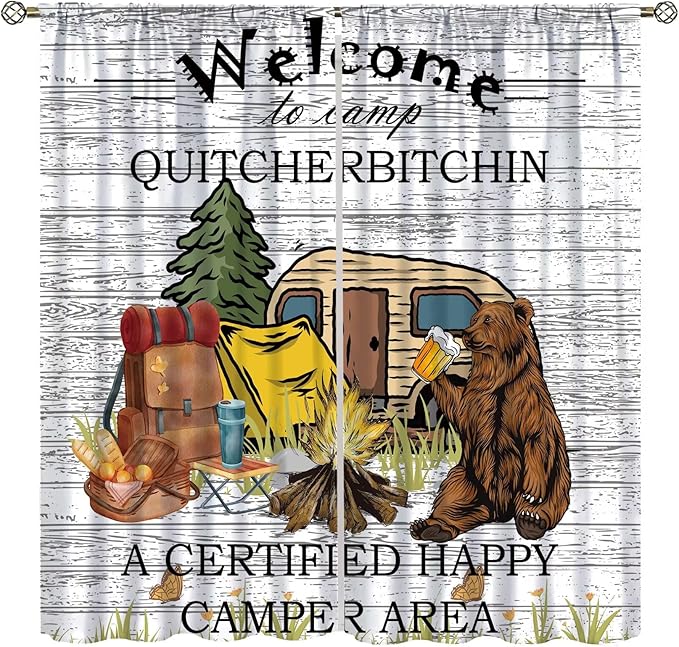 Fblifil Funny Camper Curtain,Bear Drink Beer Camping Trailer Tent Campfire in Forest Woodland Welcome to Camp Quote Window...