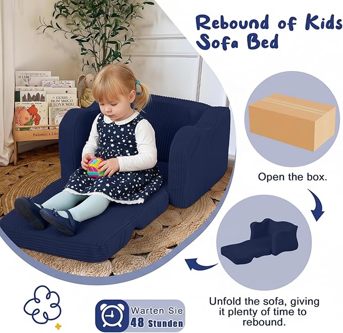 MeMoreCool Toddler Corduroy Chair – 2-in-1 Foldable Sofa Bed, Navy | Ages 1–3, Lightweight & Compact, Washable Cover for Nursery & Travel