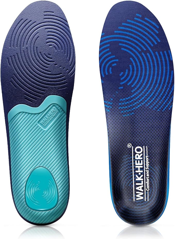 WalkHero Plantar Fasciitis Insoles - Medium Arch Support Inserts for Men & Women with Comfort Cushion | Orthotic Inserts to Relieve Foot Pain and Provide Shock Absorption (Blue) Mens 5-5 1/2