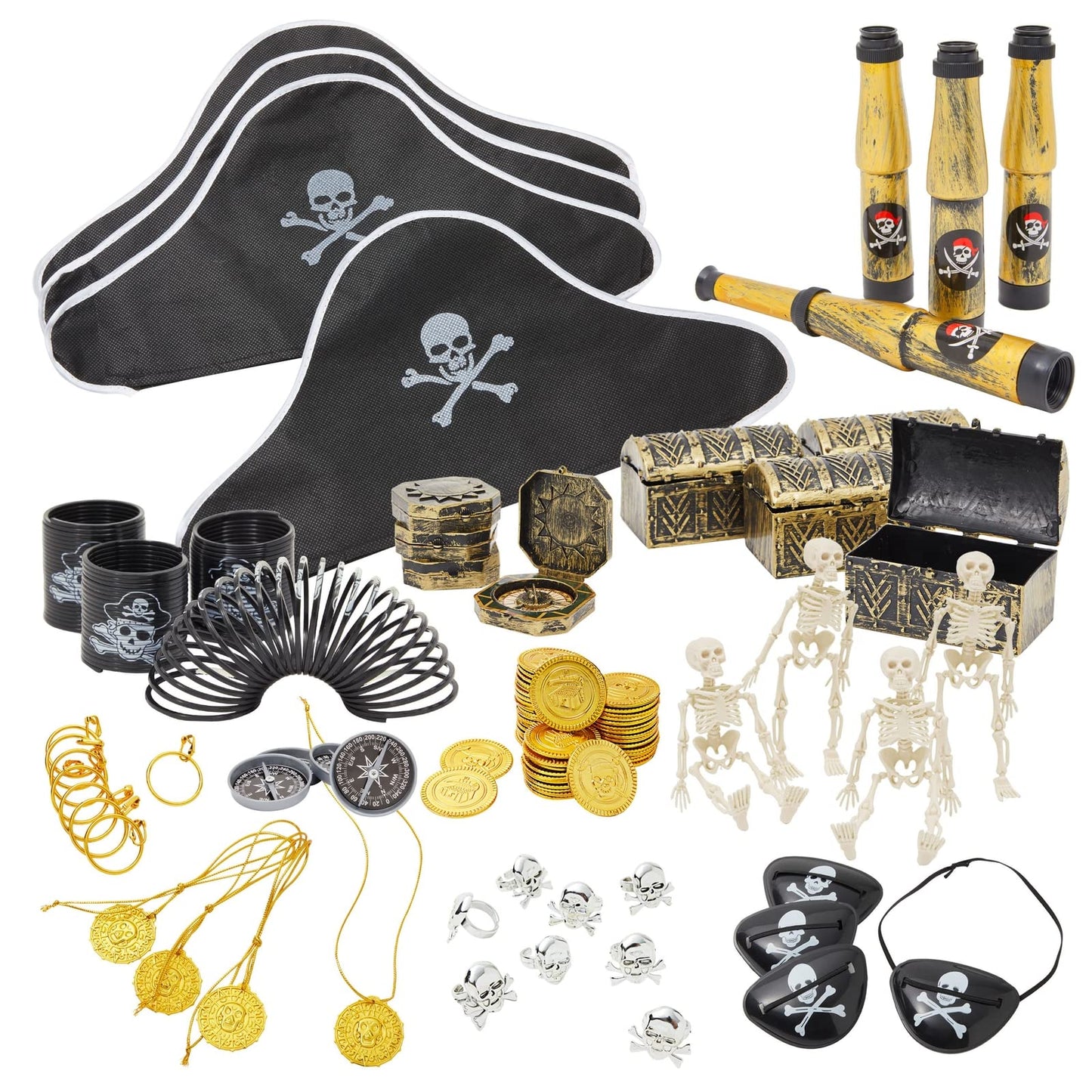 Juvale 100 Piece Set Pirate Birthday Party Supplies for Kids, Hat, Patch, Compass, Coins, Toys and Accessories for Party Favors