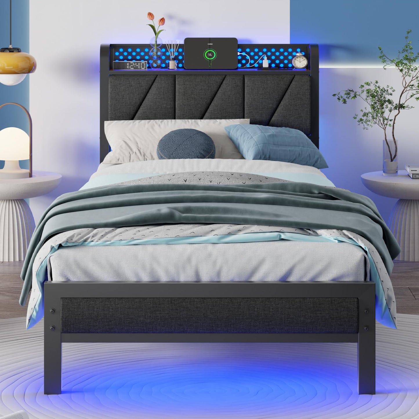 Furnulem Twin Size Bed Frame with LED Light and Charging Station, Grey Upholstered Storage Headboard with Shelf, Metal Platform Bed with Heavy Duty Slats, No Box Spring Needed, Noise Free
