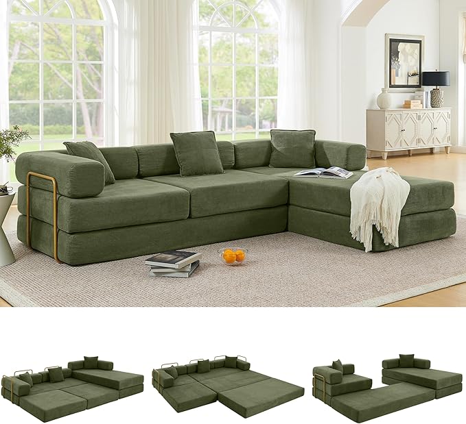 108" Oversized Convertible Sleeper Sofa Bed, Corduroy L Shape Sectional Couch, Folding Sofa Bed with Fixed-Shape Frame, Modern Cloud Floor Mattress Couch, Modular Sofa for Living Room, Green