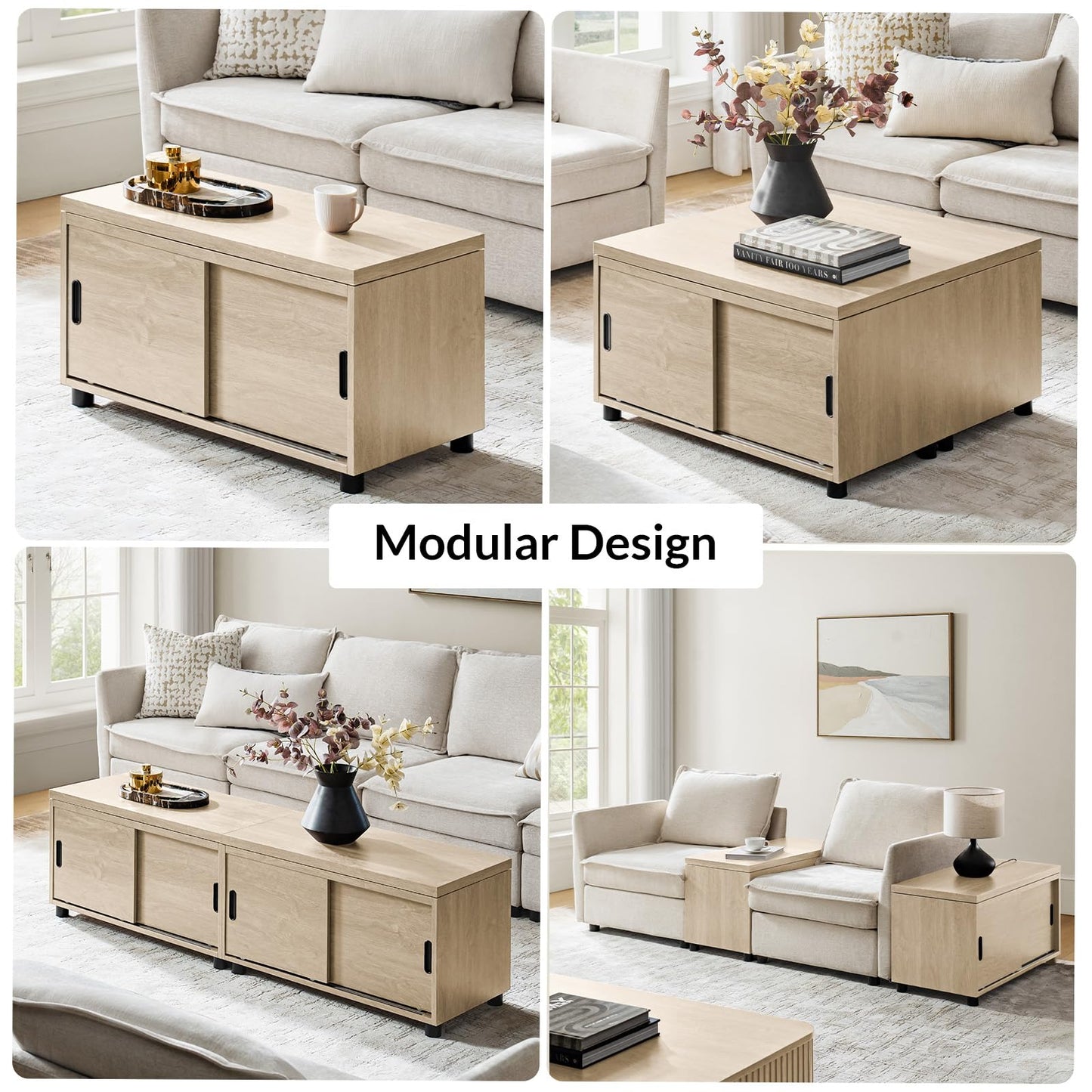 HULALA HOME Coffee Table with Storage, Modern Sofa Side Table with Modular Design, Rectangle Wood End Table with Adjustable Shelves, Natural