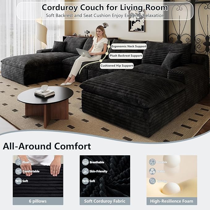 136" Cloud Sectional Couch U-Shaped Chaise with Ottoman, Corduroy Boneless Couch for Living Room Bedroom, Deep-Seat Upholstered Modular Cloud Sofa, No Assembly Required (Black, Left Facing Chaise)
