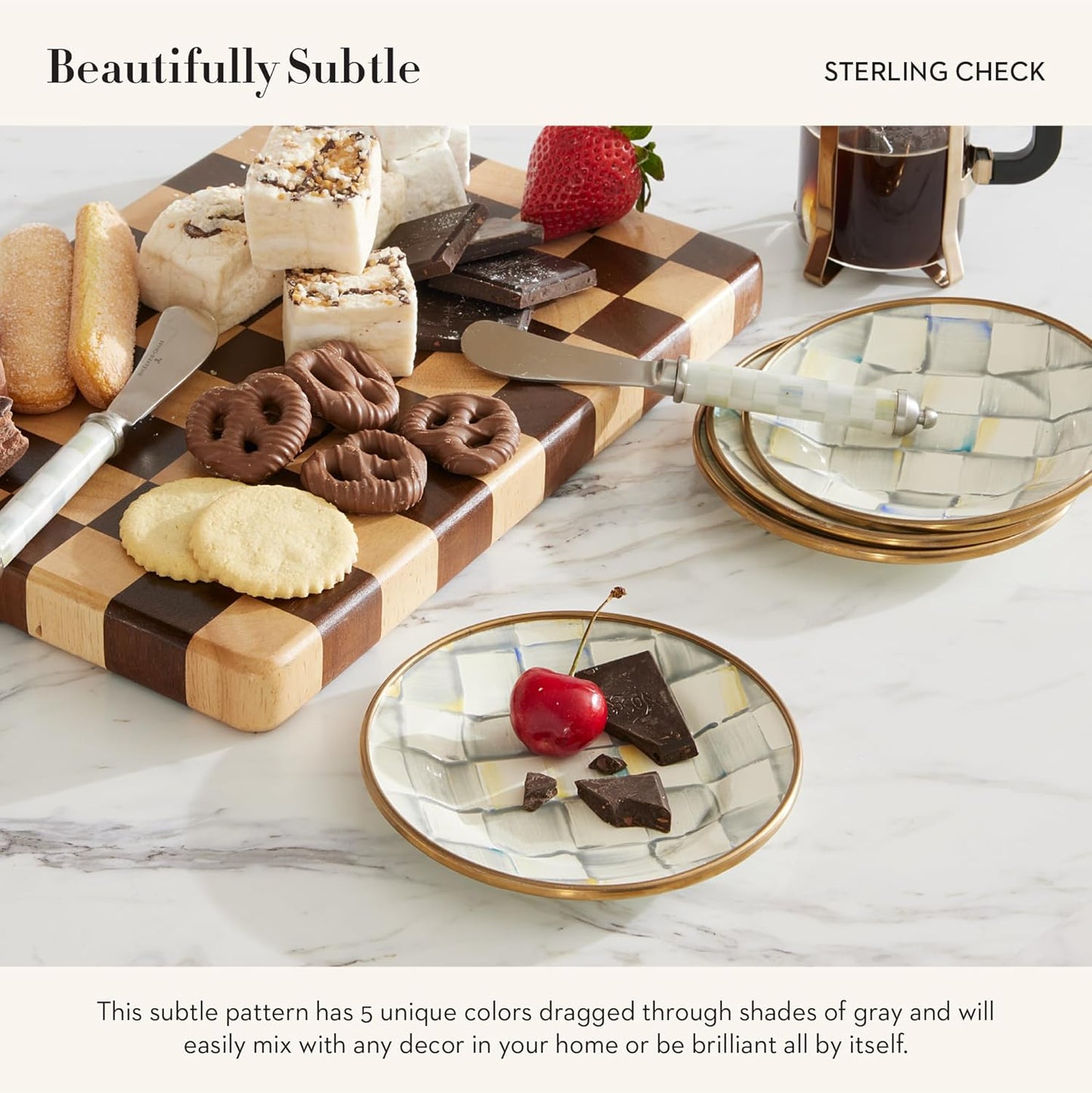 MACKENZIE-CHILDS Set of 4 Enamel Appetizer Plates, Mini Dessert Plates, 5 Inches, Gray-and-White Sterling Check