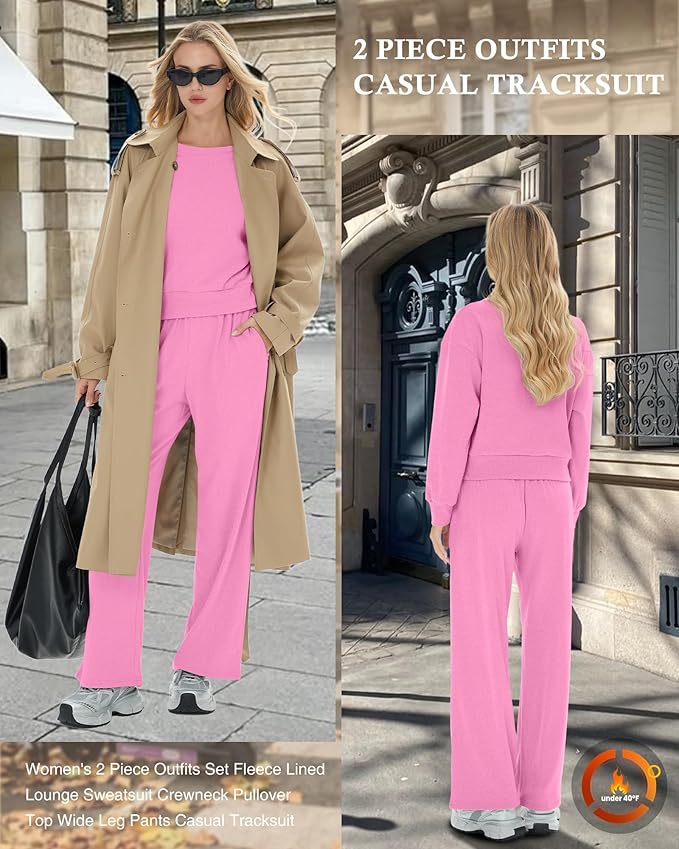 Sweetyweee Women's 2 Piece Outfits Set Fleece Lined Lounge Sweatsuit Crewneck Pullover Top Wide Leg Pants Casual Tracksuit