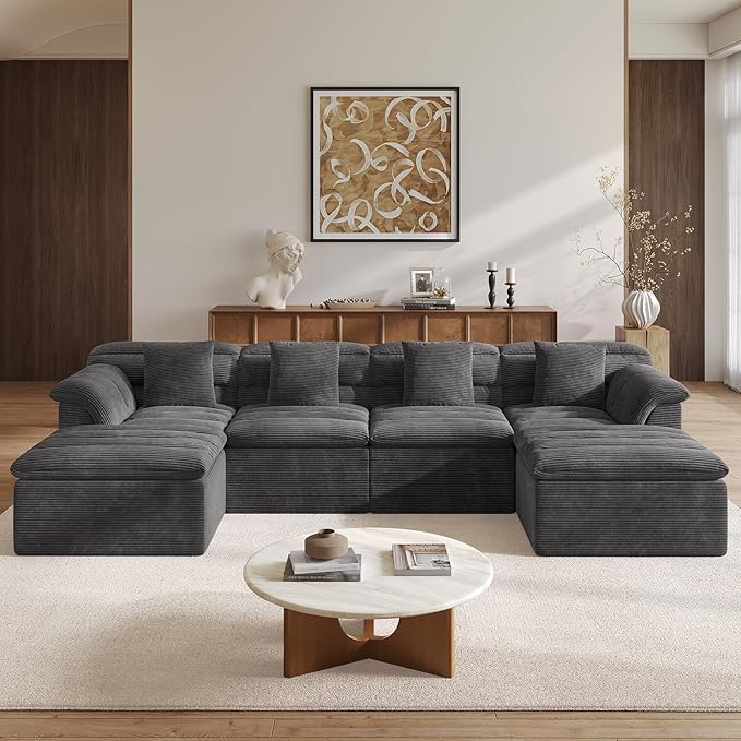 SUNG7 142" Modular Sofa with Ottoman, Boneless Cloud Couch with Deep Seat, Comfy U-Shape Corduroy Couches for Living Room, No Assembly Required, Dark Gray