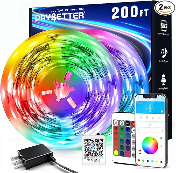 DAYBETTER LED Strip Lights 200 ft (2 Rolls of 100 ft), Smart App Control Lighting Bedroom Rome Decor with Remote, RGB Musi...