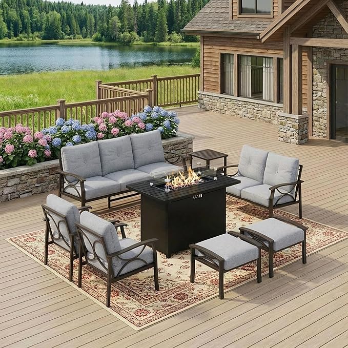 FansaFurn 8-Pieces Outdoor Patio Furniture Set with 43" Fire Pit Table, Metal Outdoor Sectional Furniture with Cushions, Outdoor Conversation Set for Garden, Balcony, Deck, Backyard, Grey