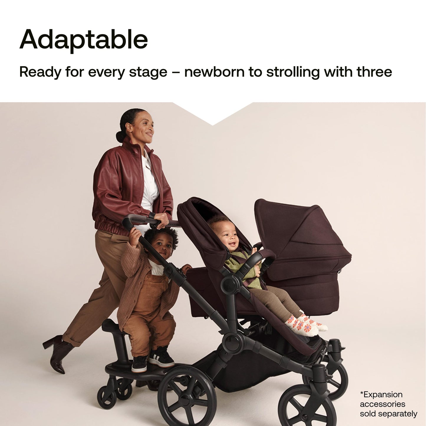 Bugaboo Donkey 6 Sibling Seat – Complete Second Seat Kit for Side-by-Side Double Stroller Conversion, Reversible & Reclining Toddler Seat with Sun Canopy – Cocoa Brown