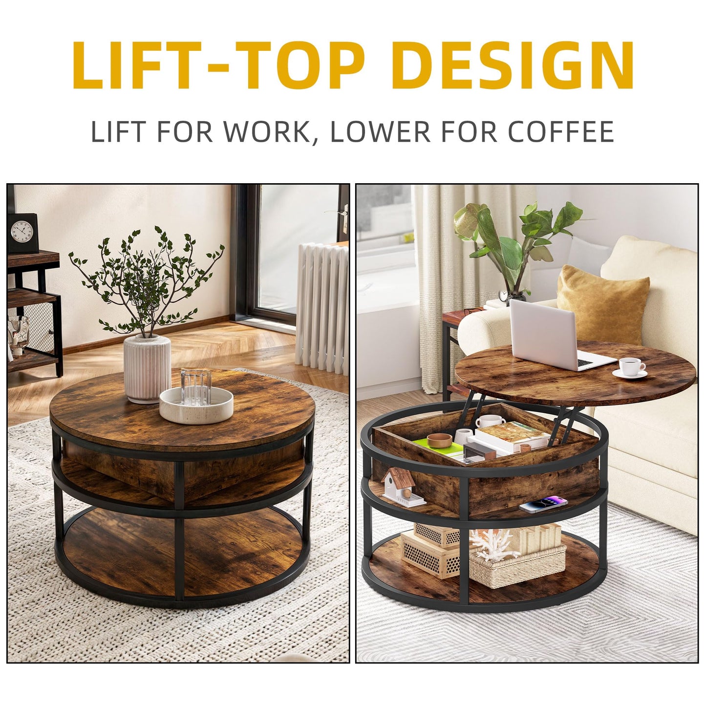 DWVO Round Lift Top Coffee Tables for Living Room, Circle Coffee Table with Storage & Hidden Compartment, Farmhouse Wood Coffee Tables with Lifting up Living Room for Home Office Samll Table, Brown