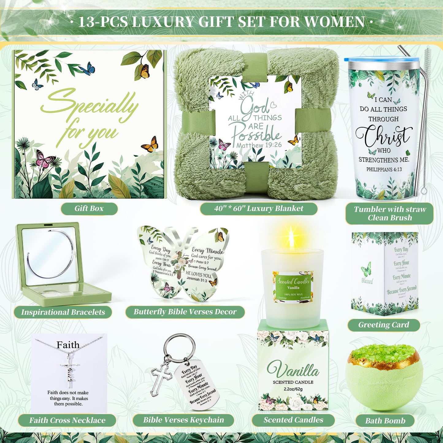 Fortuning's JDS 13PCS Christian Gifts for Women Faith- Inspirational Religious Catholic Gifts Basket, Green Self Care Package Get Well Soon Gifts,Birthday Gifts, for Mom Her Wife Girlfriend Friend