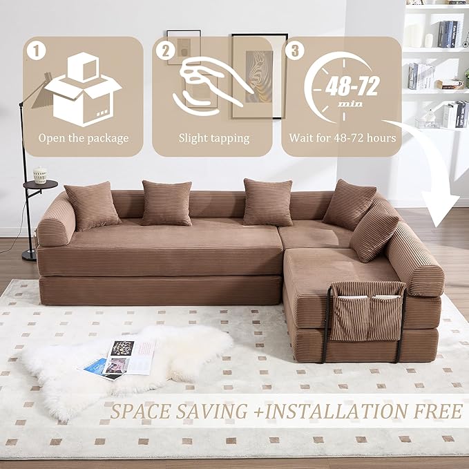 106" Oversized Convertible Sleeper Sofa Bed, Corduroy L Shape Sectional Couch, Folding Sofa Bed with Side Pocket, Modern Cloud Floor Mattress Couch, Modular Sofa for Living Room, Brown