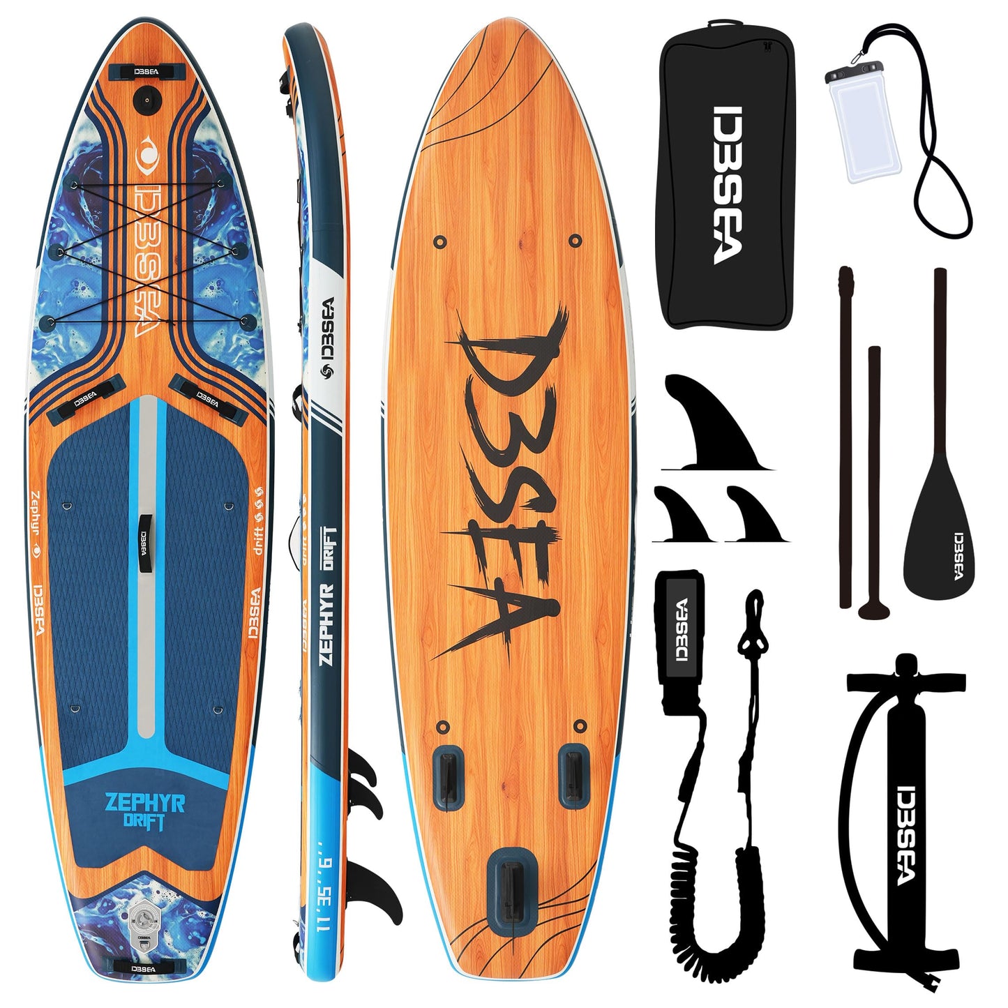 D3SEA 11'35" Extra Wide Inflatable Paddle Board with Non-Slip EVA Deck & Accessories Kit, Stable All Around SUP for All Skill Levels – for Yoga, Fishing, Youth & Adults, 370 lbs - Ocean Timber
