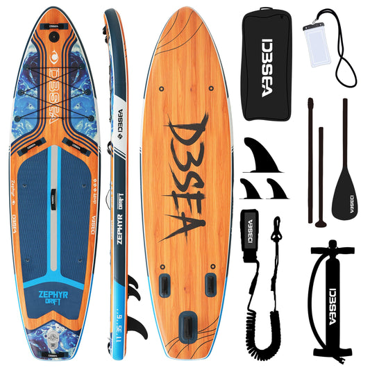 D3SEA 11'35" Extra Wide Inflatable Paddle Board with Non-Slip EVA Deck & Accessories Kit, Stable All Around SUP for All Skill Levels – for Yoga, Fishing, Youth & Adults, 370 lbs - Ocean Timber