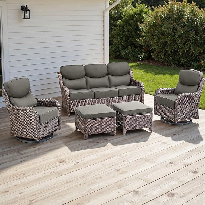 Rilyson Wicker Outdoor Patio Furniture Sets - 5 Piece Patio Conversation Sets with Swivel Rocker Chairs, Ottomans and Sofa, 6 inch Cushions, Waterproof Wicker, for Porch Deck Brown/Grey