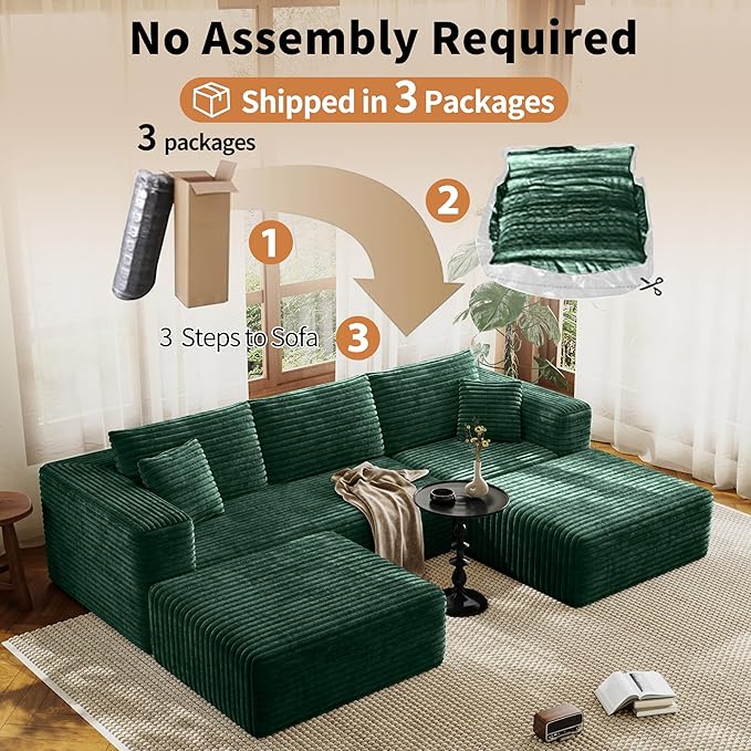 Fancyfire 108" Cloud Modular Sectional Couch with 2 Ottoman,Ultimate Comfort U-Shaped Deep Seat Sofa,Boneless Couch Upholstered 3-Seater Sofas for Living Room, No Assembly Required(Green)