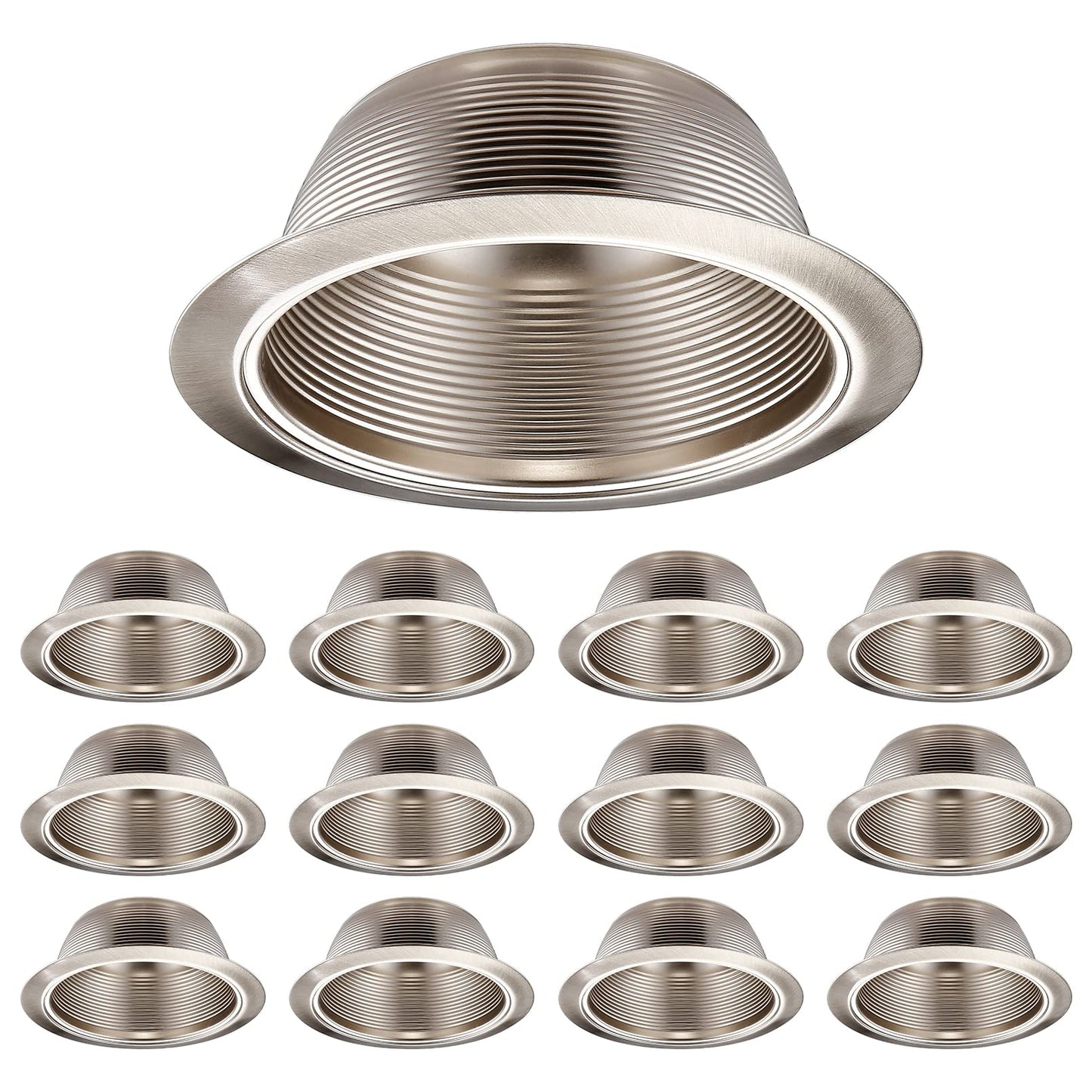 TORCHSTAR 12-Pack 6 Inch Stylish Decor Recessed Light Trim, Step Baffle with Detachable Ring, Full Metal, Fit Halo/Juno Remodel Housing, Satin Nickel