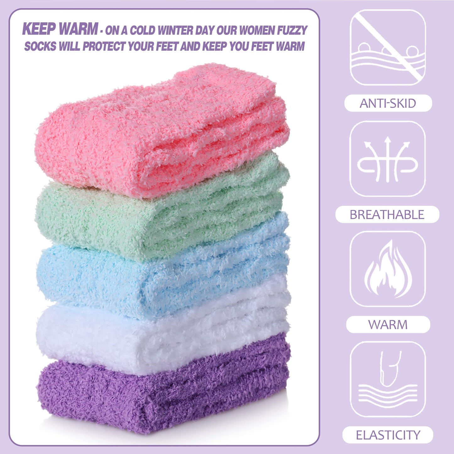 NOCIN COLOR Womens Fuzzy Socks Cozy Fluffy Slipper Soft Winter Warm Home Sleeping Christmas Socks （5 Pairs Candy Colors）