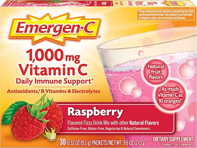 Emergen-C 1000mg Vitamin C Immune Support Powder Raspberry 30CT includes Zinc, Manganese, 7 B Vitamins and Electrolytes fo...