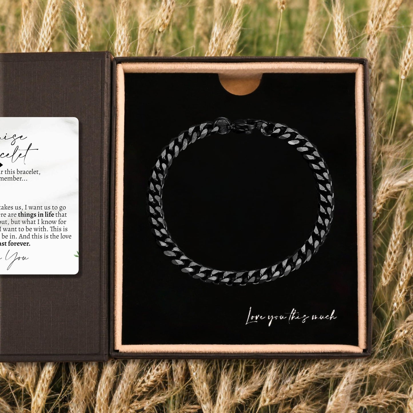 Love You This Much Promise Cuban Bracelet, Romantic Gift for Boyfriend, Appreciation Present for Boyfriend, Cute Small Gift for BF (Titan Black Finish)
