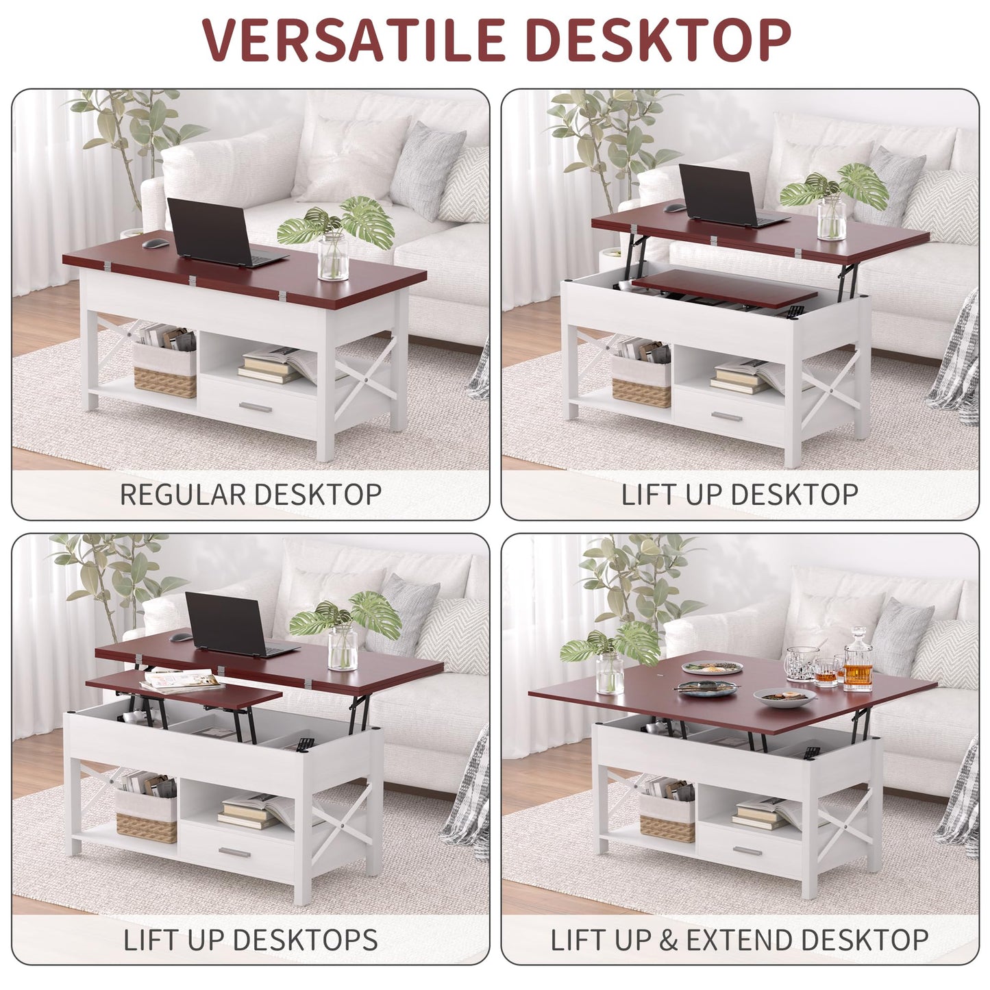 Lift Top Coffee Table, 4 in 1 Coffee Tables with Storage Cabinet for Living Room, Coffee Table with Lifting Top with Wooden Lift Tabletop, Convertible Coffee Table for Living Room,Home Office,Espresso