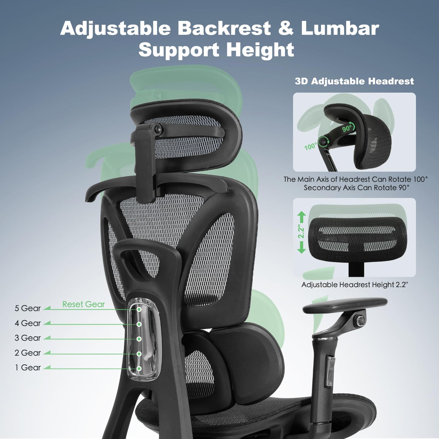 Ergonomic Mesh Office & Gaming Chair with Footrest, High Back Home Office Desk Chair, Comfortable 3D Lumbar Support, 130° Tilt, Adjustable Seat Depth, Adjustable 6D Armrest & 3D Headrest(Black Pro)